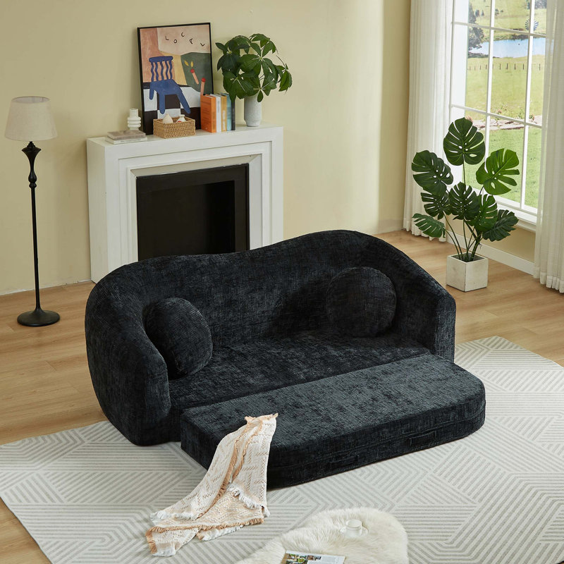 Canapé inclinable incurvé convertible avec fonction 2 en 1 et confort d'assise profond, Black Chenille