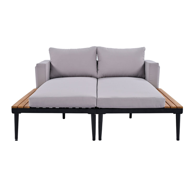 Modern Outdoor Daybed Patio Metal Daybed With Wood Topped Side Spaces For Drinks, 2 In 1 Padded Chaise Lounges For Poolside, Balcony, Deck