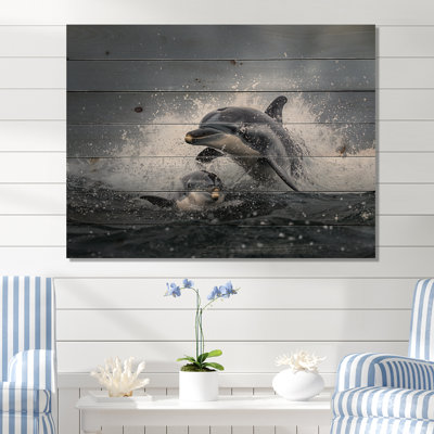 Dolphin Nautical Scene In Summer I - Modern Grey Wood Print On Natural Pine Wood