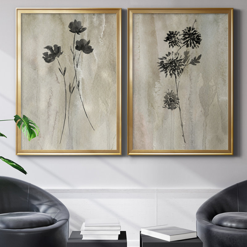 «Sumi-E Silhouette III», ensemble de 2 reproductions d'art, Toile encadrée, H 26,5 po x l 73 po, Doré