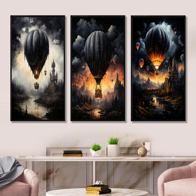 Dark Balloon Mystery Journey - Hot Air Balloon Canvas Art Print Set Of 4