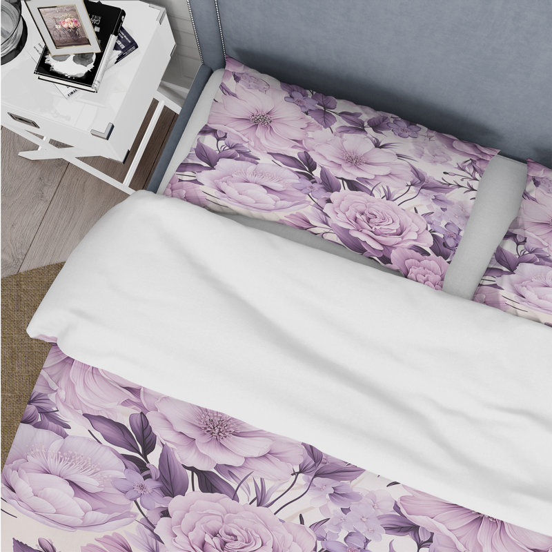 Victorian Elegance Soft Lavender Blossom Duvet Cover, Queen Duvet Cover + 2 Standard Shams