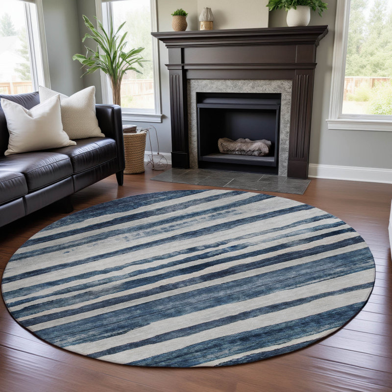 Premium Machine Washable Lyndhurst AMF1191 Stripes Rug, Round 8'