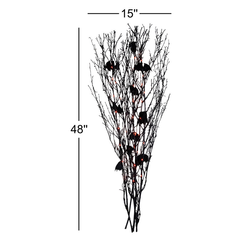 4' Black Glittered Halloween Branch with Bats - Orange LED Lights