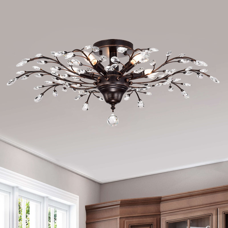 Helwig 5-Light 30.7-inch Antique Copper Crystal Branches Leaves Flush Mount