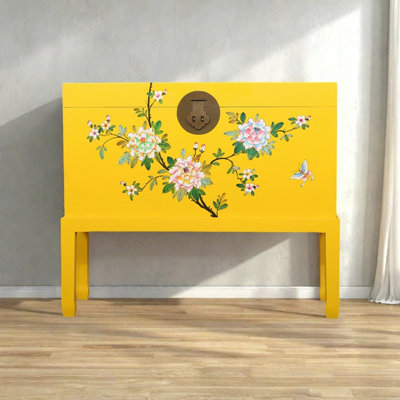 Large Yellow Paint Antique Solid Wood Accent Trunk