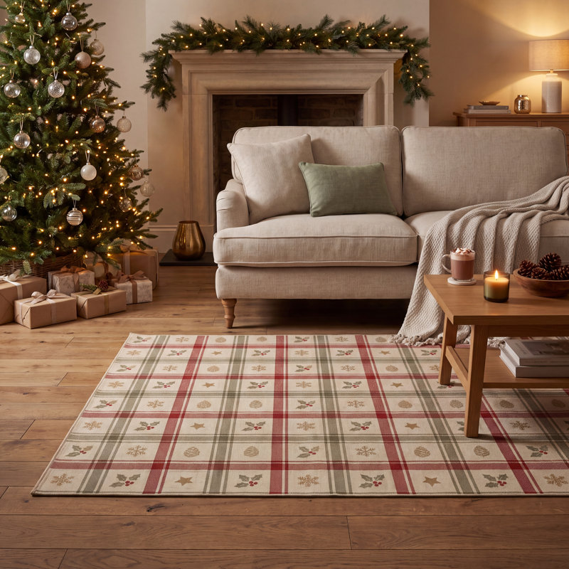 Tapis de Noël Bingol à carreaux modernes rouges, dorés et verts, antidérapant, à poils courts, pour intérieur et extérieur, adapté aux animaux domestiques, salon, chambre, salle à manger, entrée, couloir, bureau, tapis de Noël, paillasson de fête, lavable