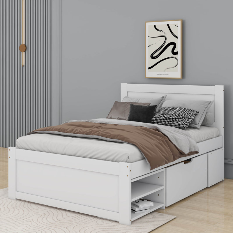 Lit plateforme simple avec tiroir et tablettes, Blanc