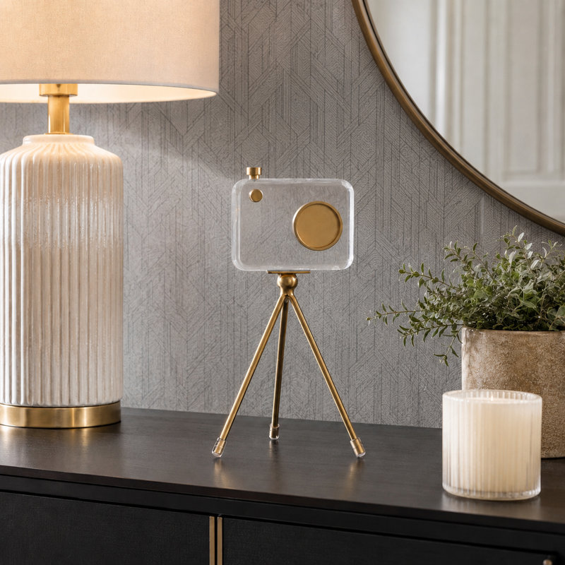 Decorative Acrylic & Brass Camera Inspired Object for Home Decorations - Modern Figurine Accent for Living Room Tabletop Decor - 10", Gold & Clear