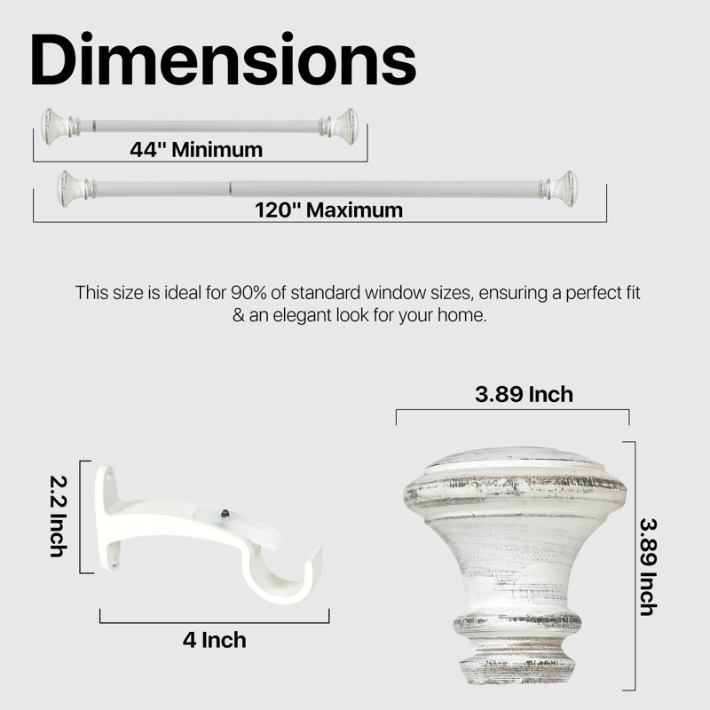 White Adjustable Iron Curtain Rod with Finials, 44-120 Inch