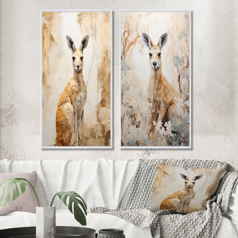 Ensemble de 2 décorations murales de kangourou Minimal Charme, Cadre blanc, H 28 po x l 25 po