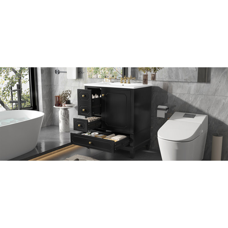Meuble-lavabo 30 po avec lavabo, meuble-lavabo autoportant noir avec lavabo en céramique, structure en bois massif, porte à fermeture en douceur, 3 tiroirs, panneau de fibres à densité moyenne peint et bois d'hévéa, tablettes de rangement incluses