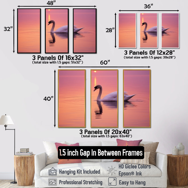 Corail, cygne au crépuscule I - cygne, ensemble d'art sur toile, Cadre flottant noir, H 28 po x l 36 po