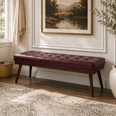 Mid - Century Modern Tufted Genuine Leather Bench with Solid Wood Legs
