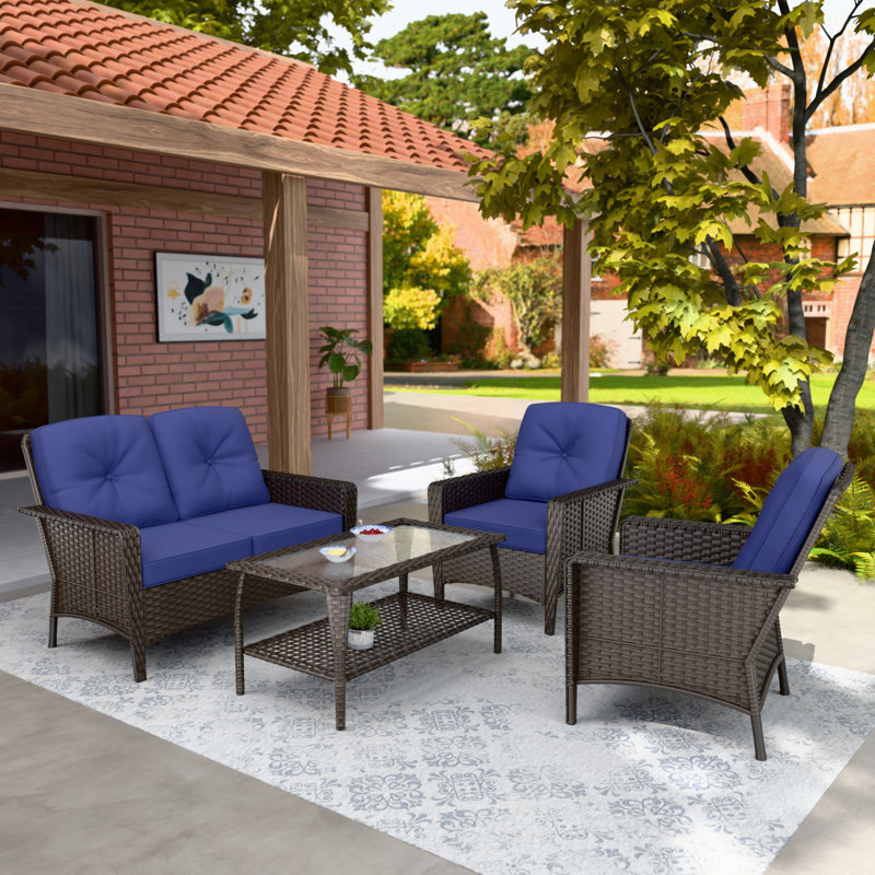 Ensemble de conversation modulaire en osier pour 4 personnes avec coussin, Bleu
