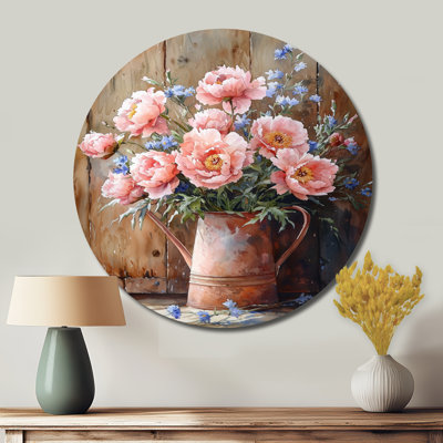 Country Bloom Peony Bouquet I - Traditional Pink Metal Art Print, Peonies Round Metal Wall Art