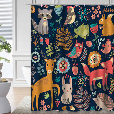 Forest Animals Fox Baby Deer Raccoon Floral Shower Curtain with 12 Hooks