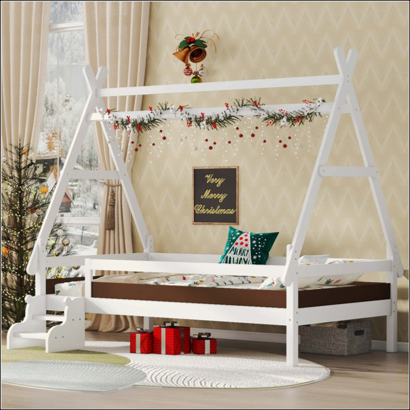 Lit plateforme House avec escalier, structure de lit en bois massif, profil bas et conception amusante pour enfants