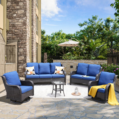 Klodjana Wood Premium All-Weather Wicker 7 - Person Patio Conversation Set with Cushions