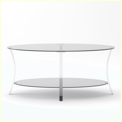 43.3" Modern Oval Glass Coffee Table with Double Glass Shelf & Silver Metal Legs