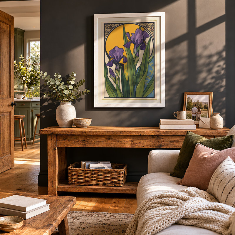 Purple Irises In Gold Botanical - Print, A4 - 29.7 x 21.0 cm, White