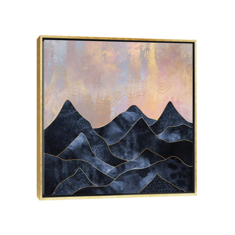 Impression d’art graphique, "mountainscape I" par Elisabeth Fredriksson, Toile encadrée d'or, Pas de tapis
