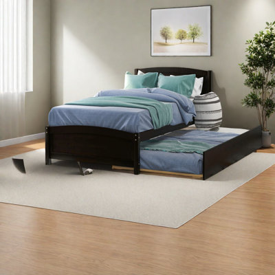 Space-saving Twin Wood Platform Bed With Trundle, Modern Espresso Finish