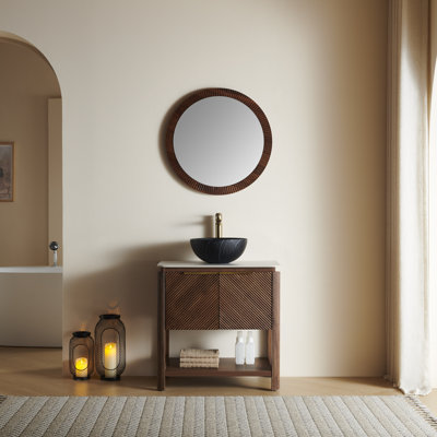 Meuble-lavabo de salle de bain 30 po Indigo, armoire de rangement autoportante en contreplaqué avec 2 portes diagonales et tablette ouverte, lavabo en céramique à motif de pierre noire et plateau en pierre frittée blanc de Carrare, grain de bois noyer foncé