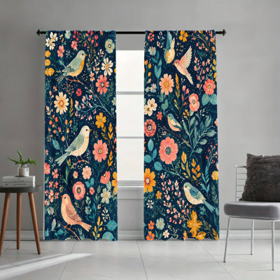 2PCS Whimsical Bird Floral Print Light Filtering Curtains, Nature Themed Rod Pocket Window Treatments for Living Room, Bedroom, Dormitory and Study