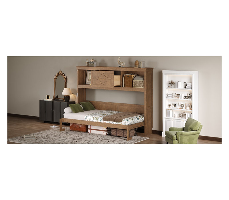 Lit escamotable simple avec station de charge, cadre de lit mural en bois rustique pour petits espaces