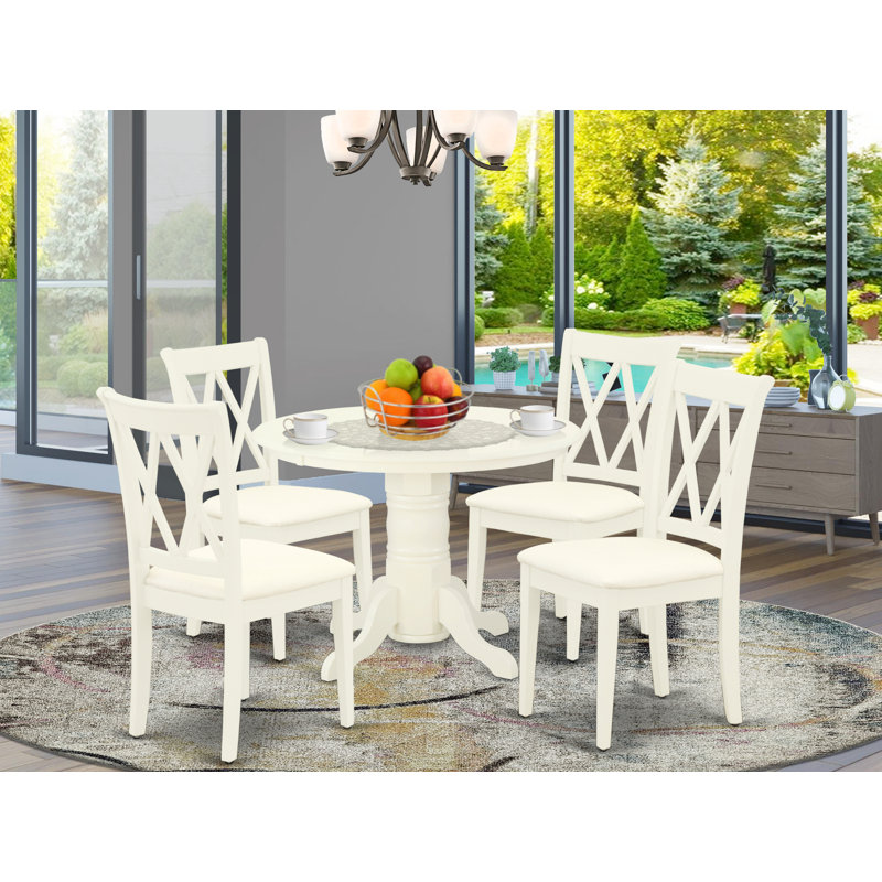 5 Piece Dining Room Table Set Includes a Round Kitchen Table with Pedestal and 4 Linen Fabric Dining Chairs, Linen White