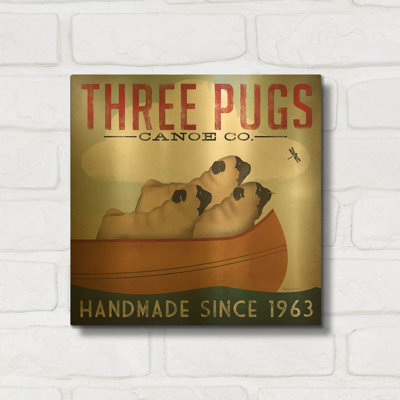 'Three Pugs In A Canoe' By Ryan Fowler Gold Metal Wall Art, 12" x 12"