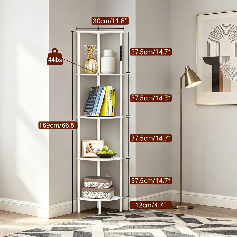 169cm H x 30cm W Metal Corner Bookcase, White