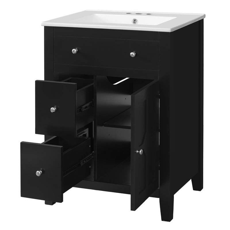 Meuble-lavabo moderne 24 po avec lavabo en céramique, meuble-lavabo pour salle de bain à 2 tiroirs, Noir