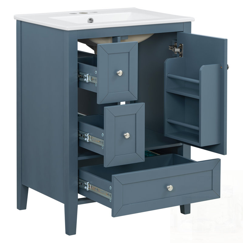 Meuble-lavabo moderne avec lavabo en céramique, tiroirs à fermeture en douceur et support de rangement, Blue Gray