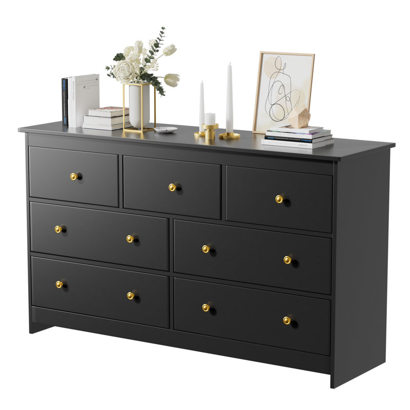 Commode noire à 7 tiroirs l 55 po Marizela, Noir, noir, noir, noir