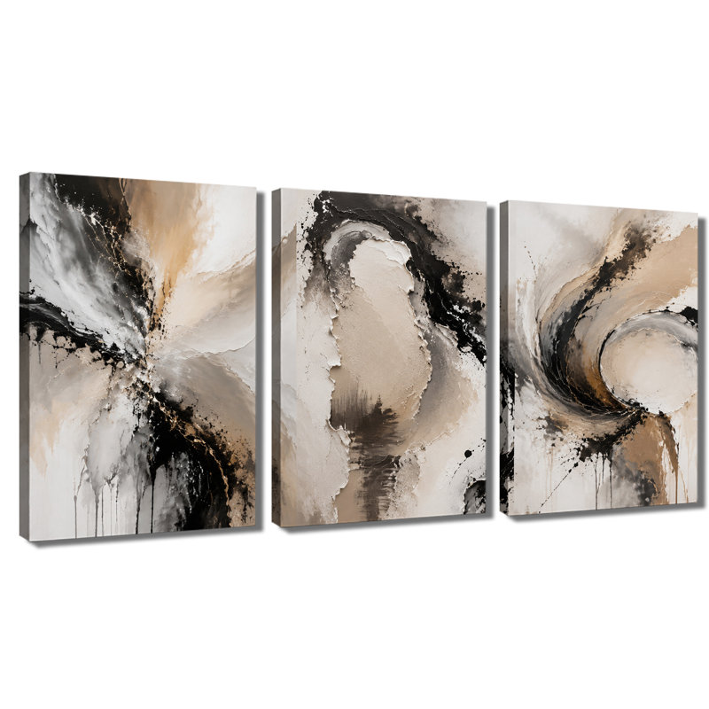 3 panneaux muraux beiges noirs texturés sur toile pour le salon, 20 * 30 pouces * 3