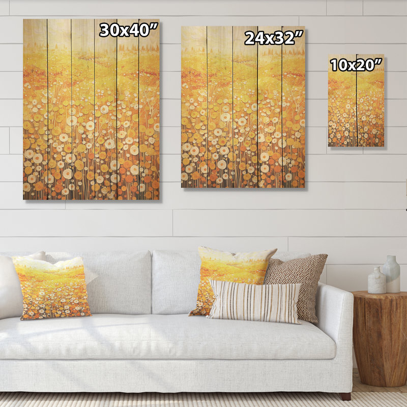 Golden Harvest Floral Field I - Fleur, art mural sur bois de pin naturel, H 40 po x l 30 po