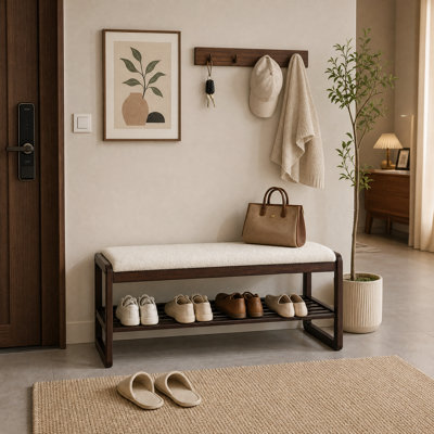  Banc de rangement en bois massif avec coussin et banc de rangement pour hall d'entrée à 2 niveaux