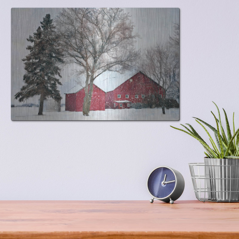 «Snowy Barn» par Bluebird Barn, art mural en métal, H 12 po x l 16 po