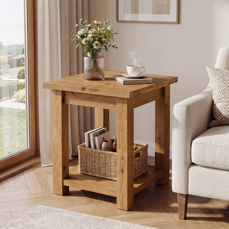 Table de bout carrée en bois massif 19,7 po avec tablettes de rangement