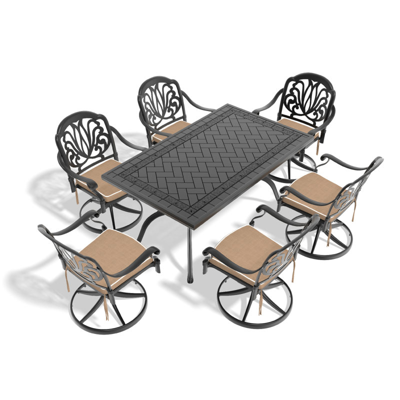 Ensemble de salle à manger 7 pièces en fonte d'aluminium toutes saisons, comprenant 6 chaises pivotantes et une table rectangulaire avec cadre