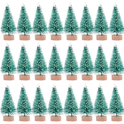 24 Pcs Mini Snow-Frosted Sisal Christmas Trees with Wooden Bases, Artificial Bottle Brush Pine Trees for Christmas Village, Tabletop and Winter Decorations