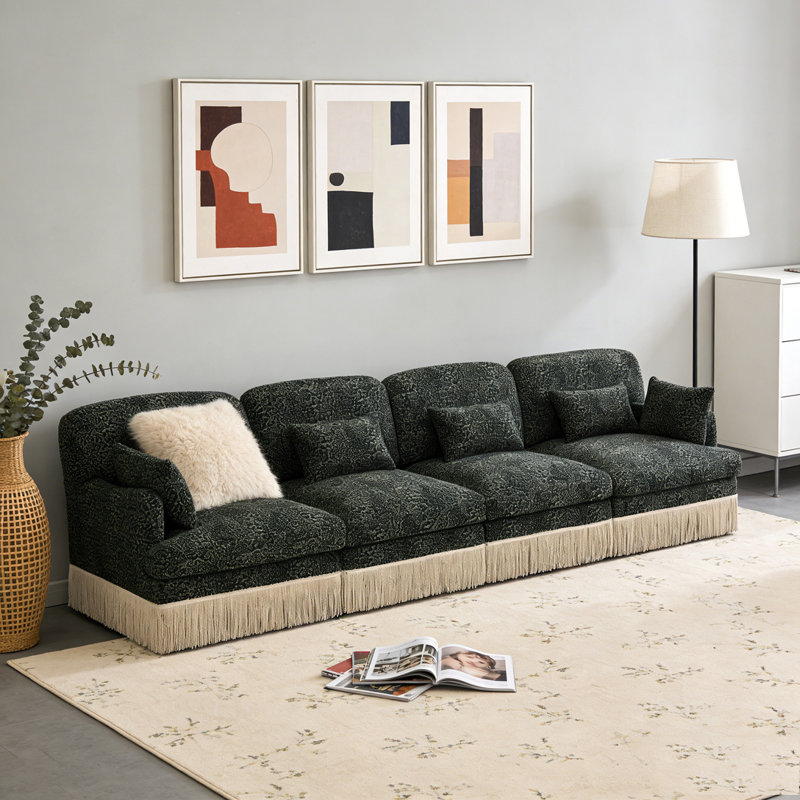 Comfy Chenille Leopard Printing Sofa,Delicate Tassel Edge,Movable Ottomans,Modern Fashion Style, Green+4seat