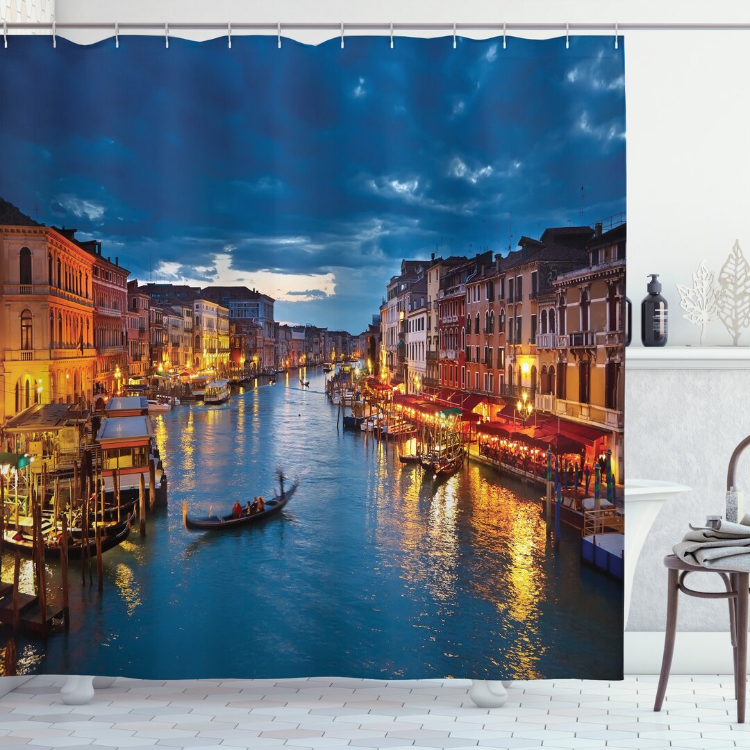 Duschvorhang, Blick auf den Canal Grande Rialto, Venedig, Indigo und Gelb