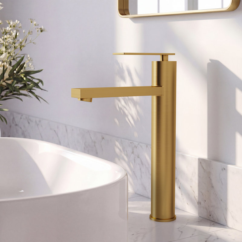Single Hole Vessel Bathroom Faucet, Single Handle Vessel Bathroom Sink Faucet with Drain Assembly, Brushed Gold