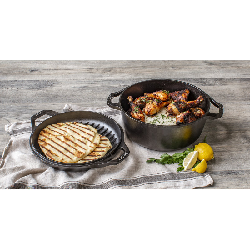 Black Cast Iron Non-stick Double Dutch Oven with Grill Pan Lid