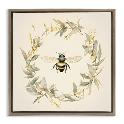 «Soft Bee Wreath», art mural encadré flottant par Petal Prints Design