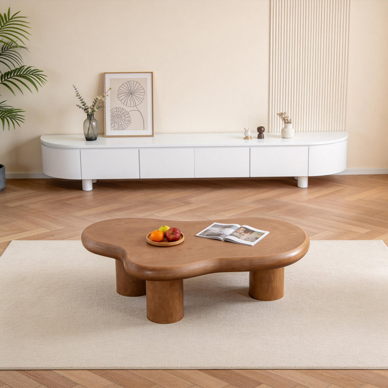 Table basse moderne en forme de nuage de forme irrégulière avec 3 pieds pour le salon et la chambre à coucher, Bois naturel