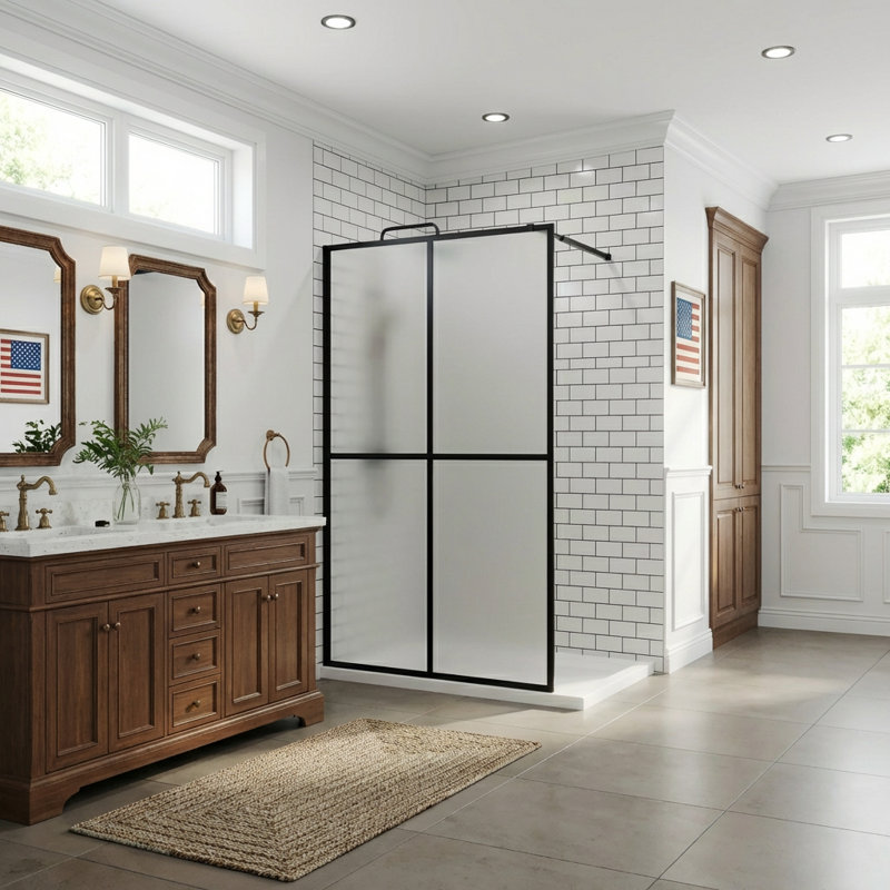 Écran de douche à panneau fixe l 34 po x H 72 po, verre trempé givré 1/5 po (5 mm) avec chanfrein de sécurité, barre de support réglable, conception sans porte, noir